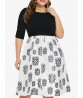 Halloween Skull Print Patchwork Half Sleeve Silk Dress
