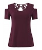 Women Sexy Back Lace Hollow Out Pure Color Short Sleeve T-shirts