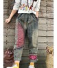 Folk Style Women High Waist Patchwork Pocket Harem Jeans
