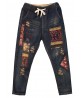 Folk Style Women Drawstring Waist Embroidered Patchwork Ripped Denim Jeans